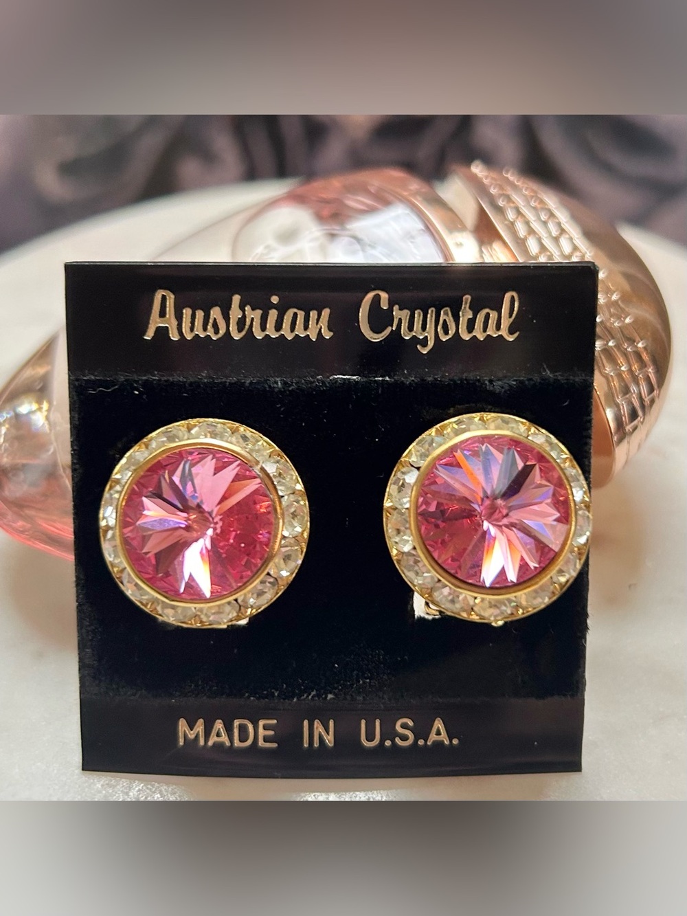 Vintage Austrian Crystal Pink Rivoli Earrings Clip-ons New Old Stock